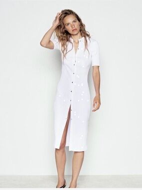 🏷️ Zara White Ribbed Midi Dress NWT Button Front Collared Large